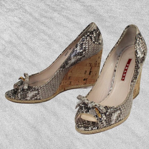 Prada Beige Taupe Gray Python Leather Cork Wedge Peep-Toe, Size 36.5 (US 6.5) - Picture 6 of 9